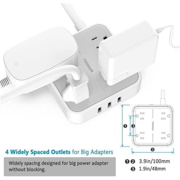 Power Strip with 3 USB Ports, 5 ft Extension Cord Flat Plug with 4 Outlets - Picture 3 of 6